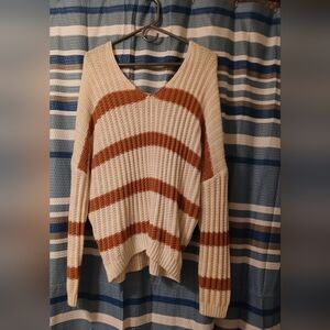 Cream & Brown Striped V‑Neck Women’s Sweater